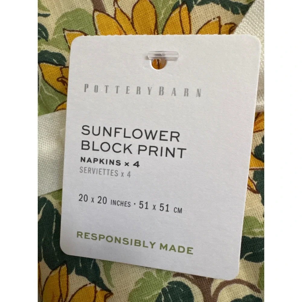 Pottery Barn Sunflower Block Print Napkins Set of 4 Yellow Floral 20x20 NEW
